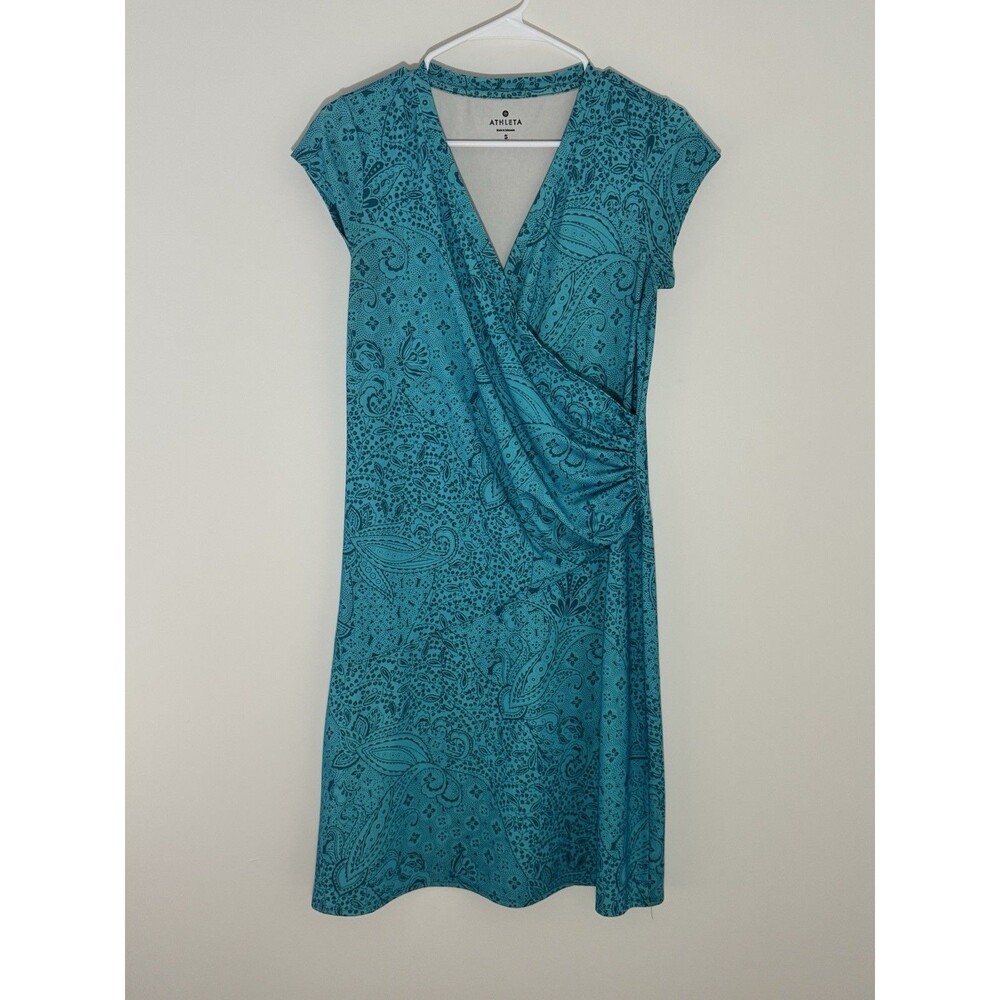Athleta Teal Paisley Nectar Faux Wrap Ruched Side Dress Size Small